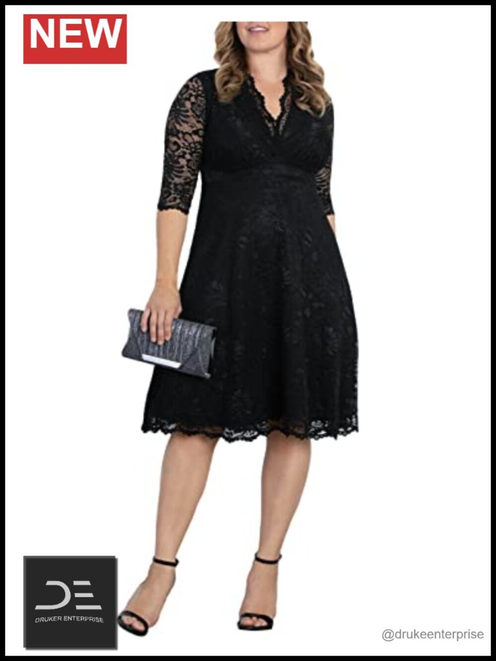 Plus Size Lace Cocktail Midi Dress A-Line Surplice 3/4 Sleeve